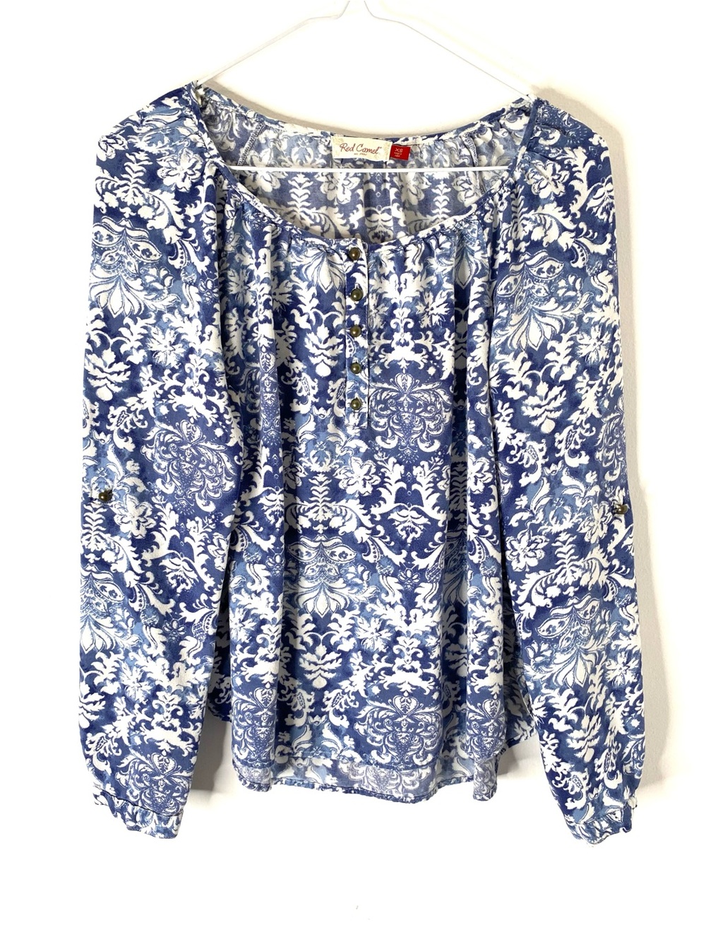 Red Camel Blue White Damask Print Rayon Peasant Blouse Convertible Sleeves